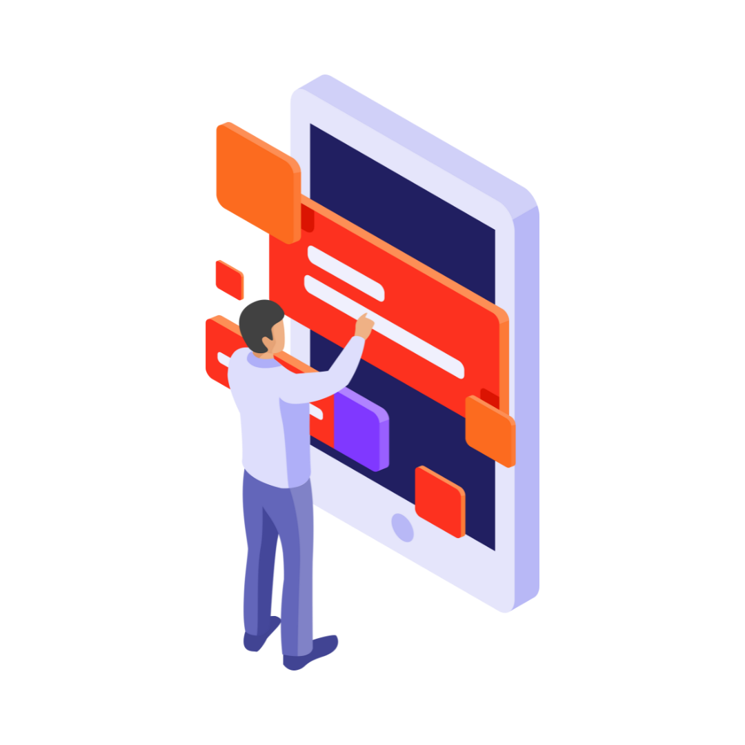 An isometric illustration of a man standing next to a large cell phone.