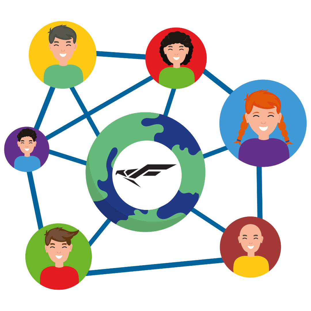 A group of people are connected to each other around a globe.