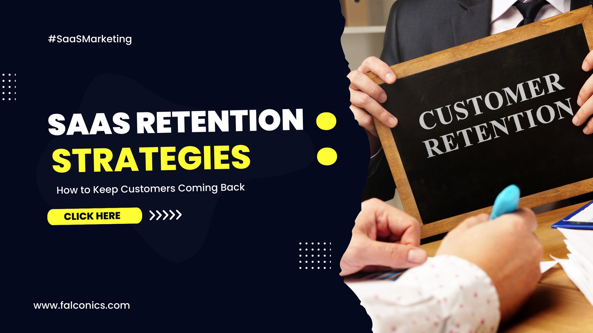A man in a suit is holding a chalkboard that says `` customer retention ''.