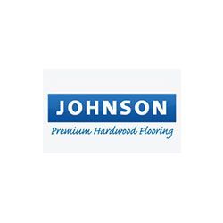 Logo for Johnson Premium Hardwood Flooring: Blue rectangle with 