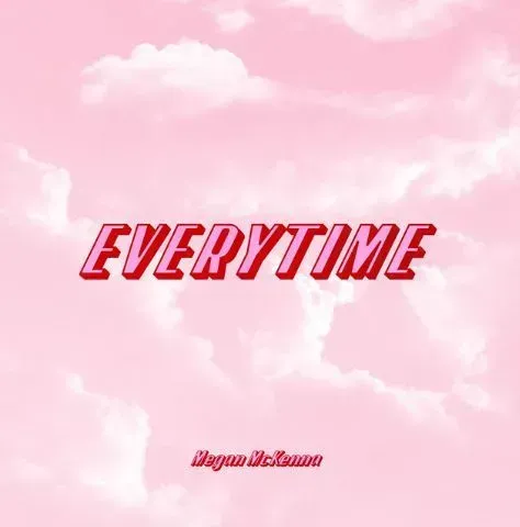 Pink and white sky background with the word