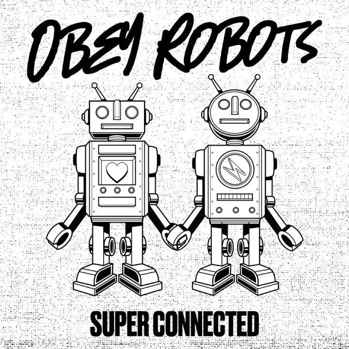 Black and white illustration: two robots holding hands, text