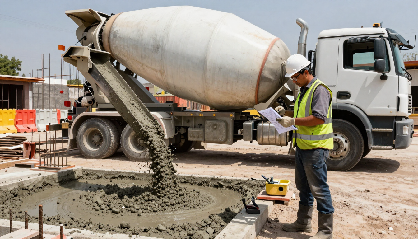 Ingeniero verificando concreto premezclado en una obra
