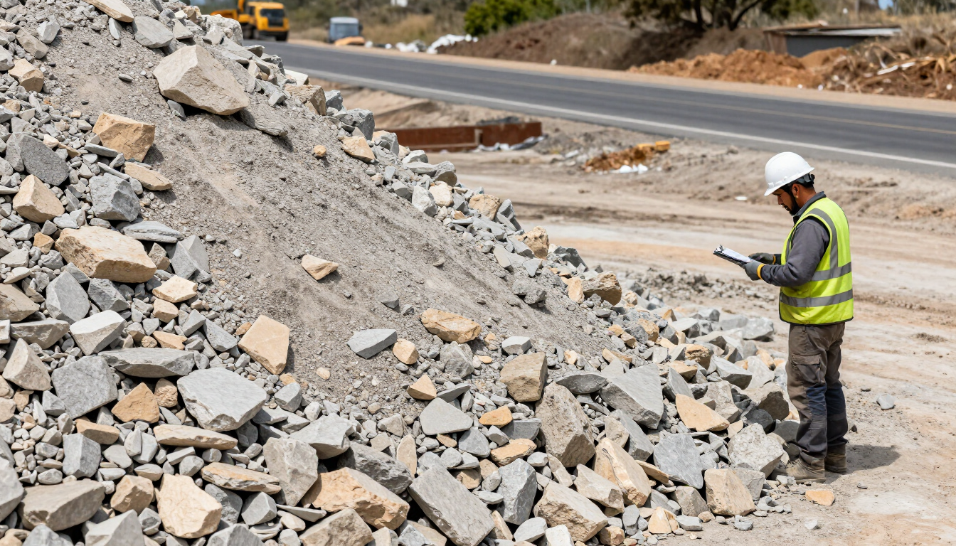 Agregados triturados de roca caliza acopiados en una obra vial
