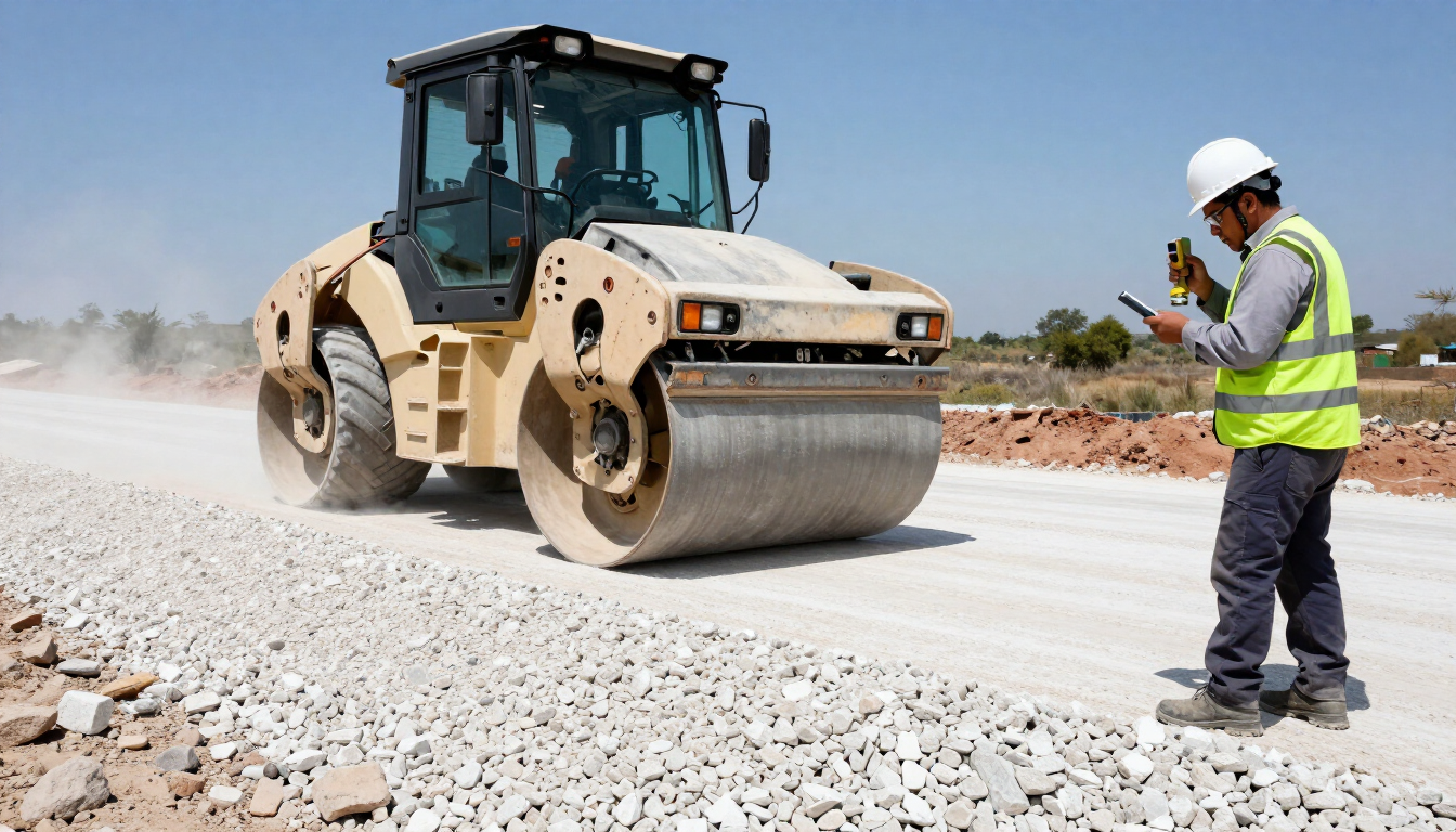 Compactación de una base de agregado de roca caliza con rodillo vibratorio
