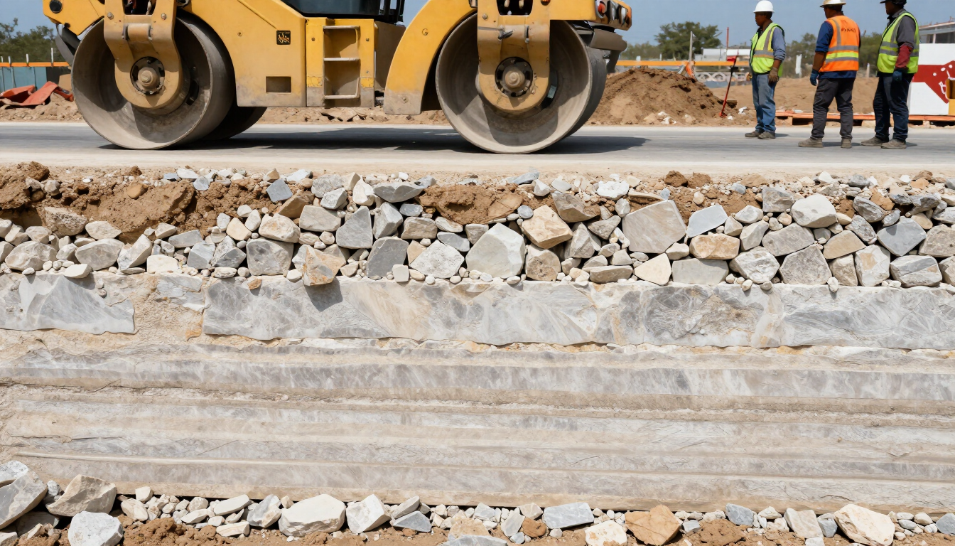 Sección constructiva de una vialidad con base y sub-base de agregado calizo