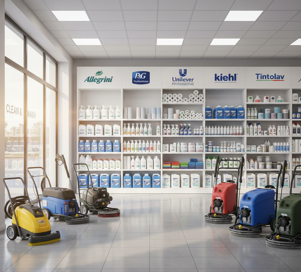 Uno showroom con lavasciuga pavimenti e prodotti per la pulizia sugli scaffali.