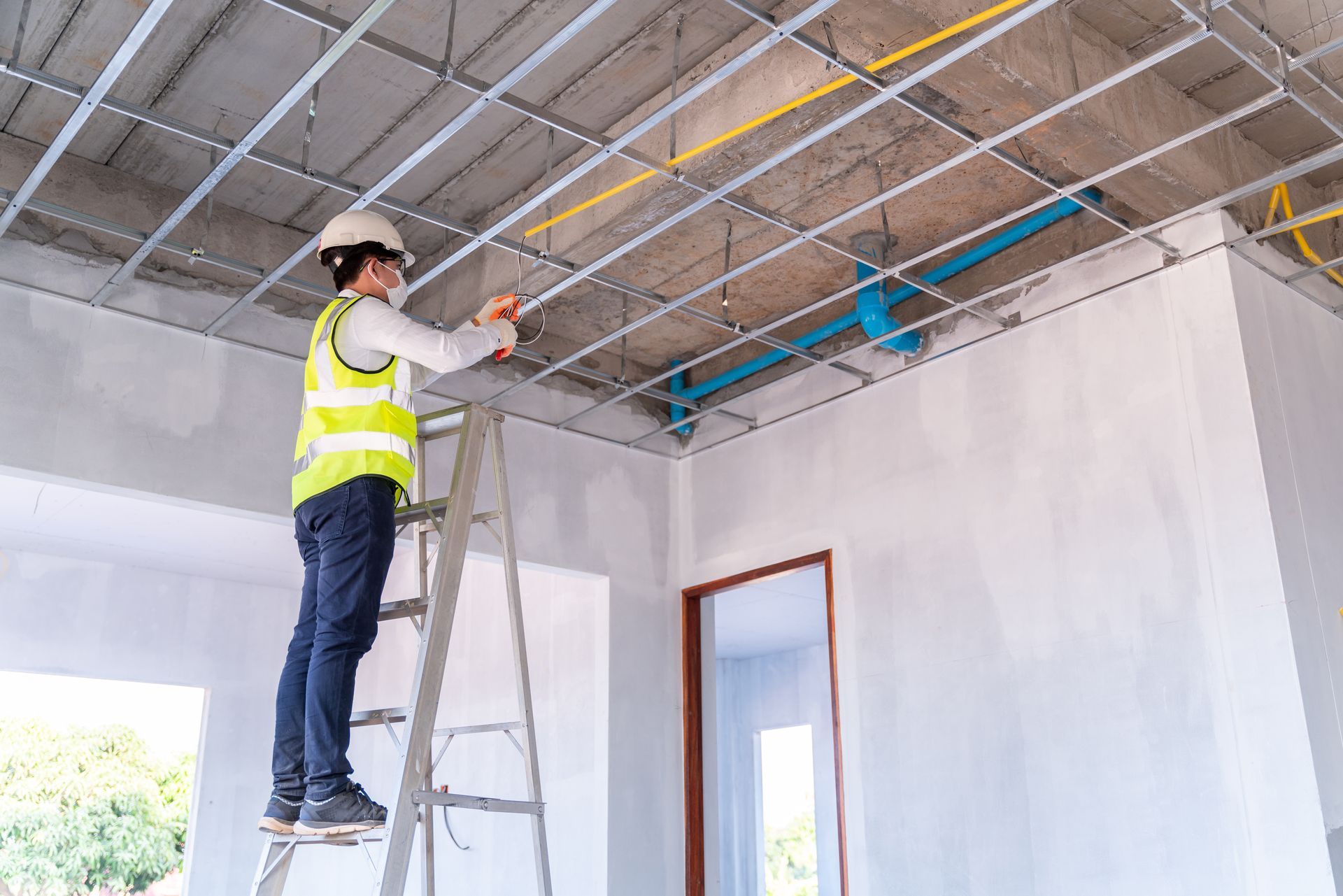 Worker on ladder inspecting ceiling wiring in an unfinished room