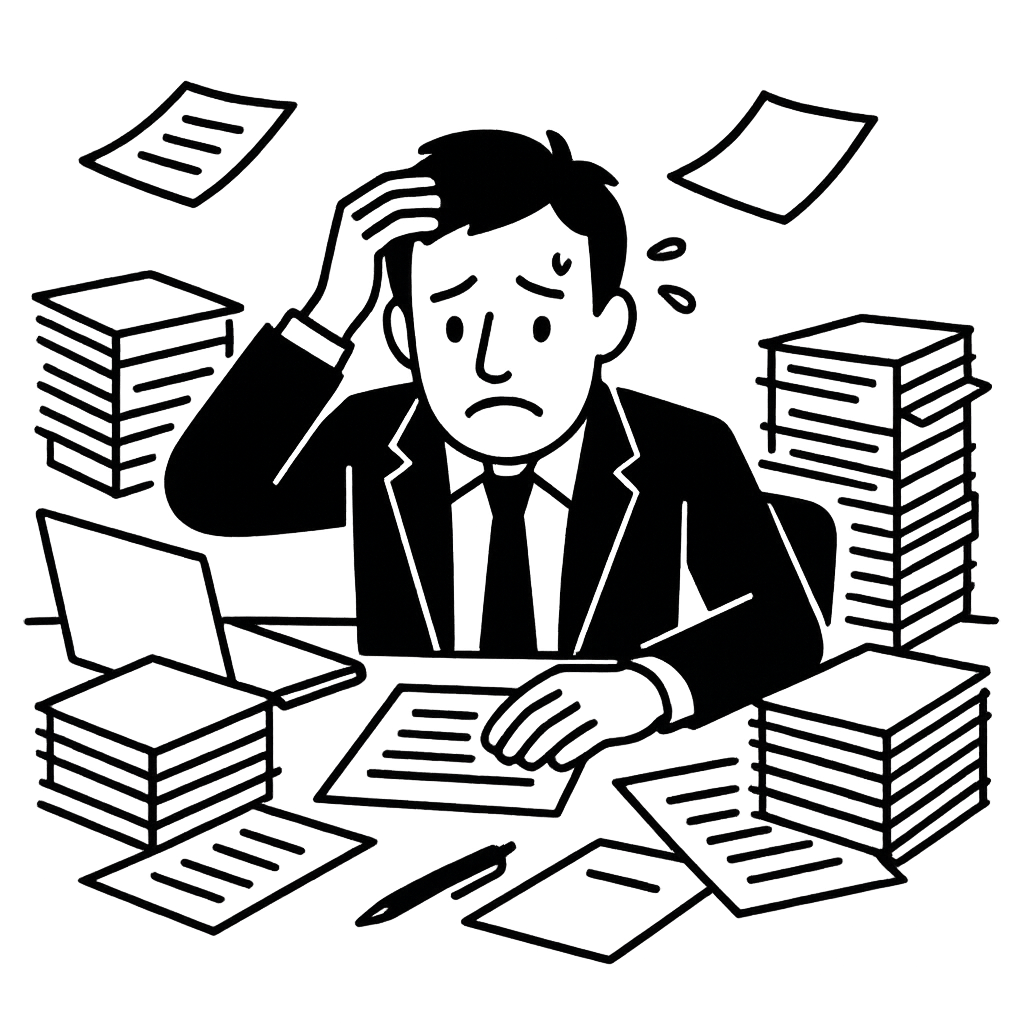 Un uomo è seduto alla scrivania, circondato da pile di documenti e da un computer portatile. Ha un'espressione preoccupata.