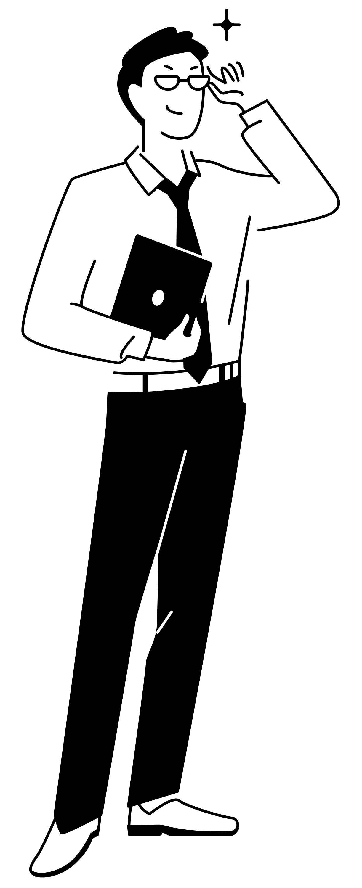 Persona sorridente con pantaloni neri e occhiali che tiene in mano una cartella e si sistema gli occhiali.