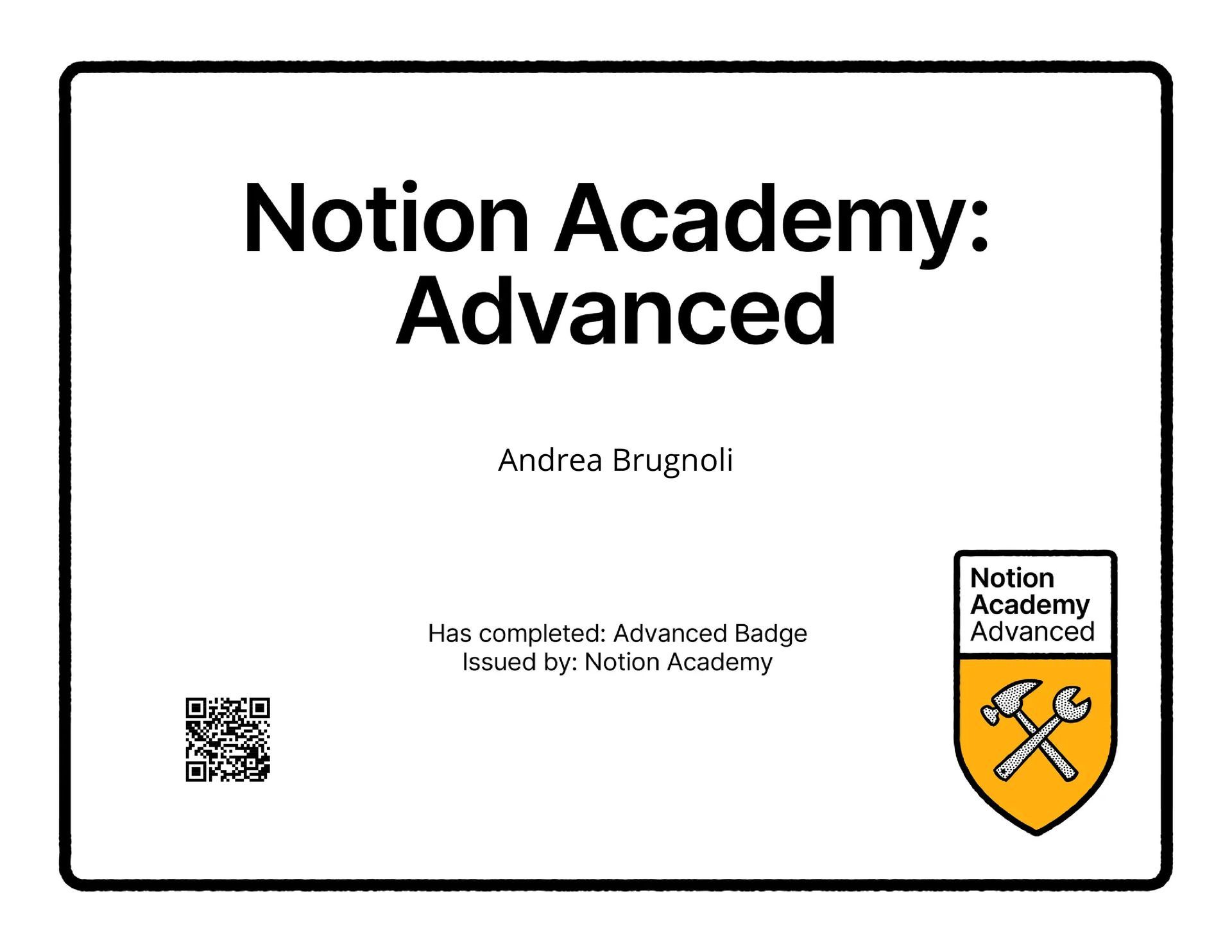 Notion Academy: Certificato avanzato con nome, codice QR e logo Notion su sfondo bianco.
