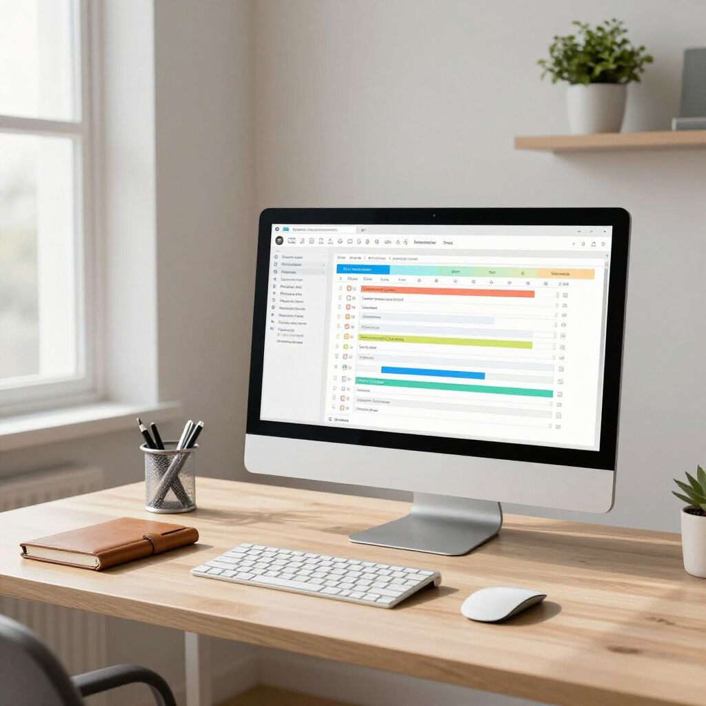 Monitor di un computer che mostra la cronologia di un progetto su una scrivania di legno con tastiera, mouse, quaderno e penne.