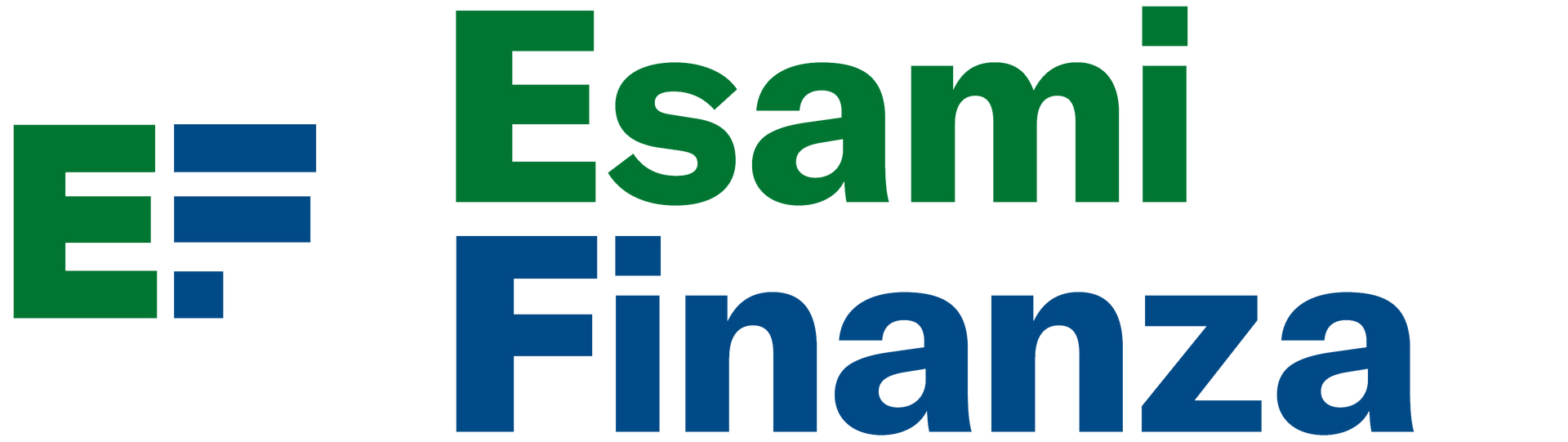 Logo di Esami Finanza con testo verde e blu e icona EF stilizzata su sfondo bianco