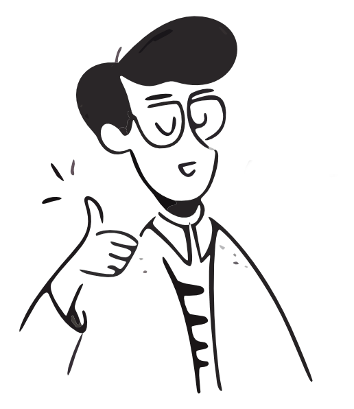 Un personaggio dei cartoni animati che fa il segno del pollice in su e sorride, in un disegno a tratto in bianco e nero.