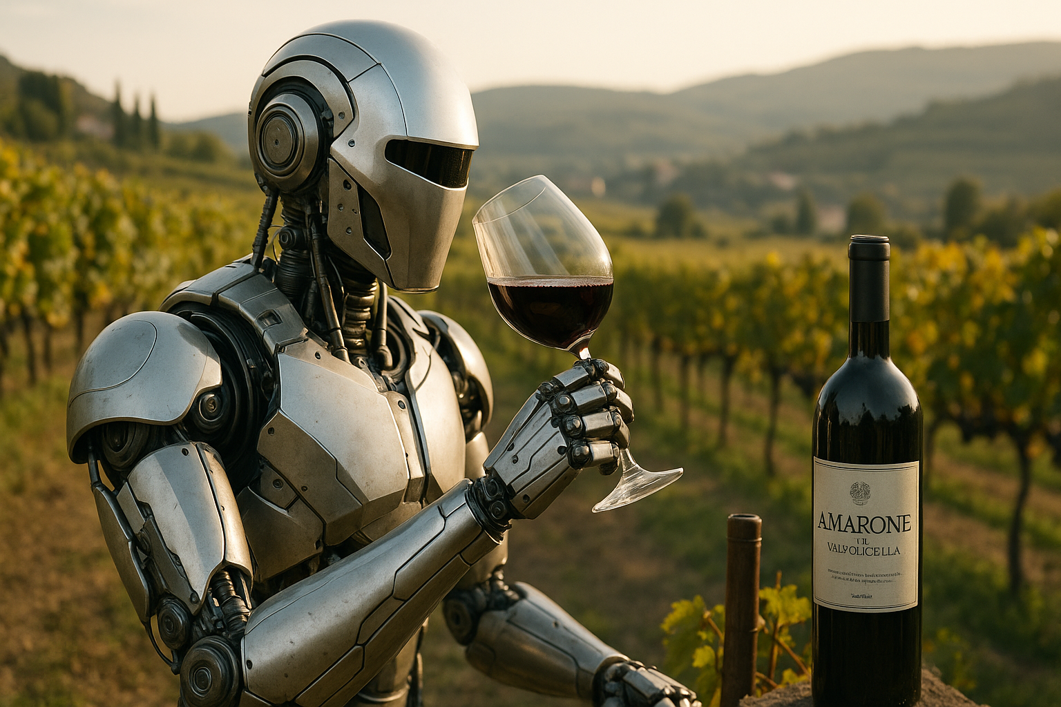 Robot tasting red wine in a vineyard beside a bottle at sunset