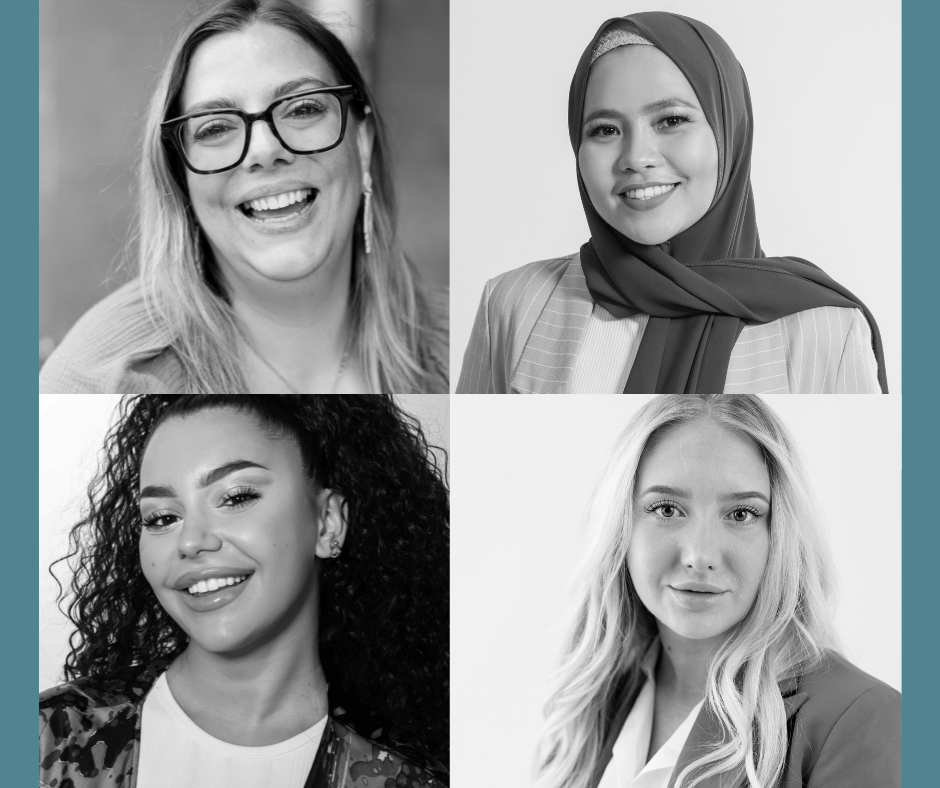 A collage of four black and white portraits of four women.