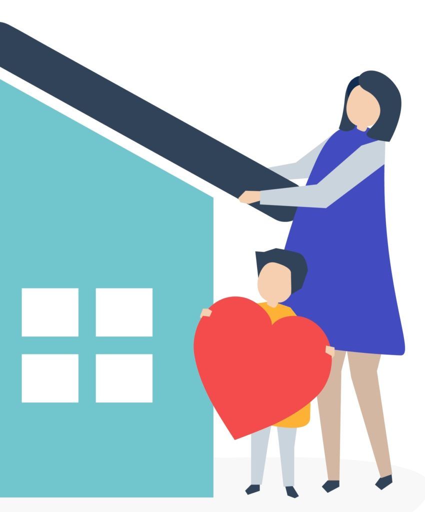 A woman and child are holding a red heart in front of a house.