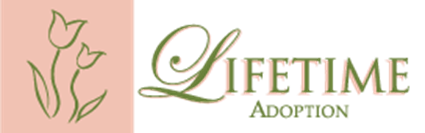 A logo for lifetime adoption with a flower on a pink background.
