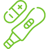 A green line drawing of a pregnancy test on a white background.