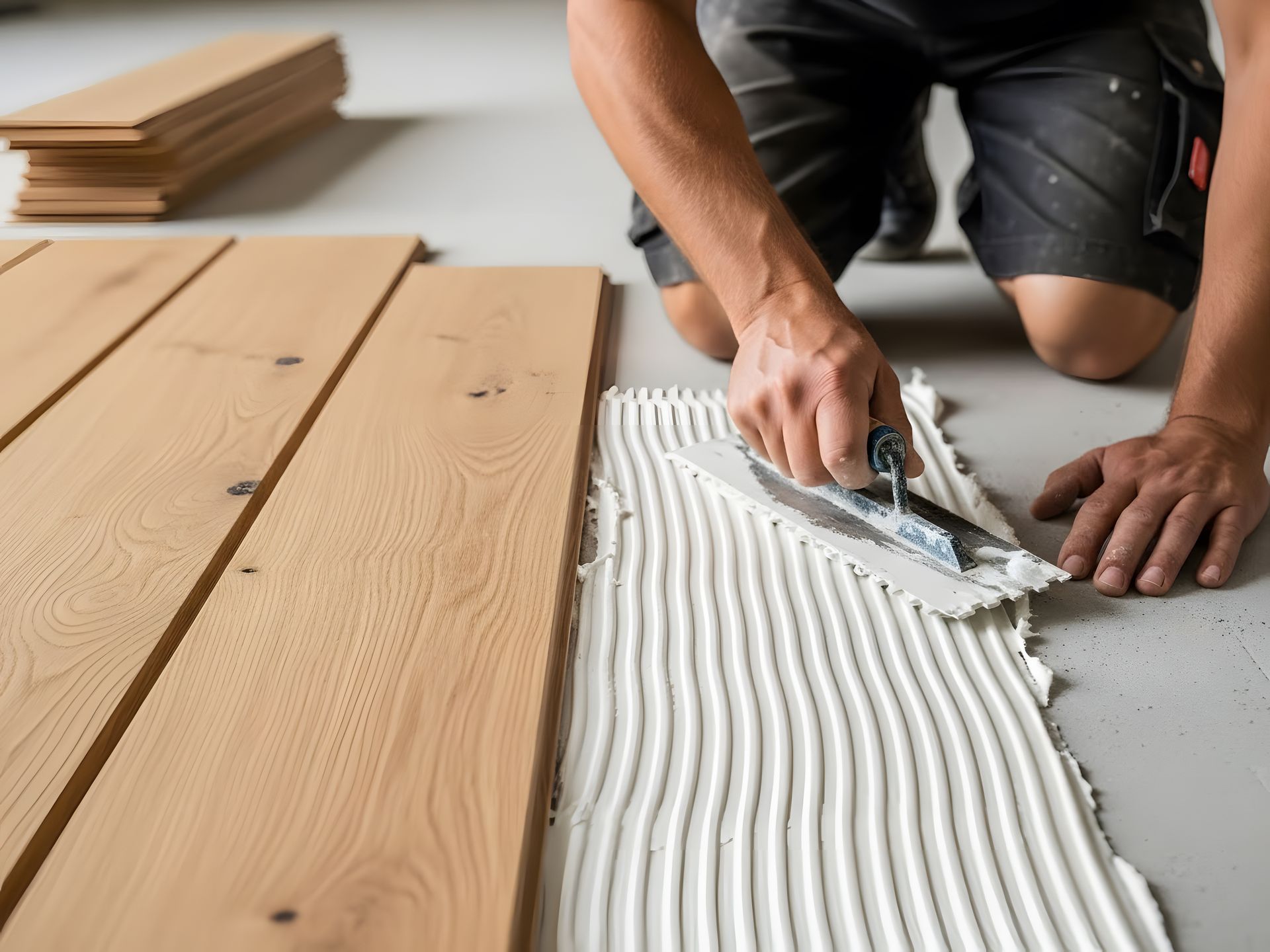 Person applying adhesive to a floor for installing wood planks.