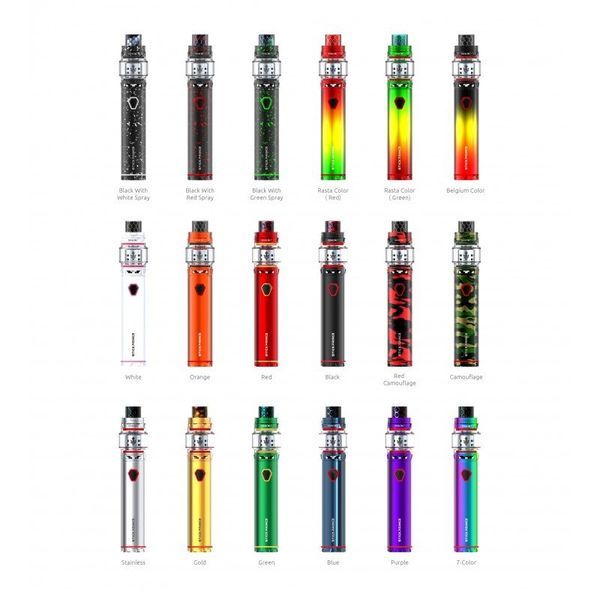 A variety of different colored electronic cigarettes on a white background.