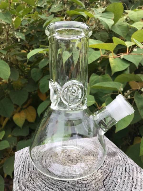 A clear glass bong is sitting on top of a wooden stump