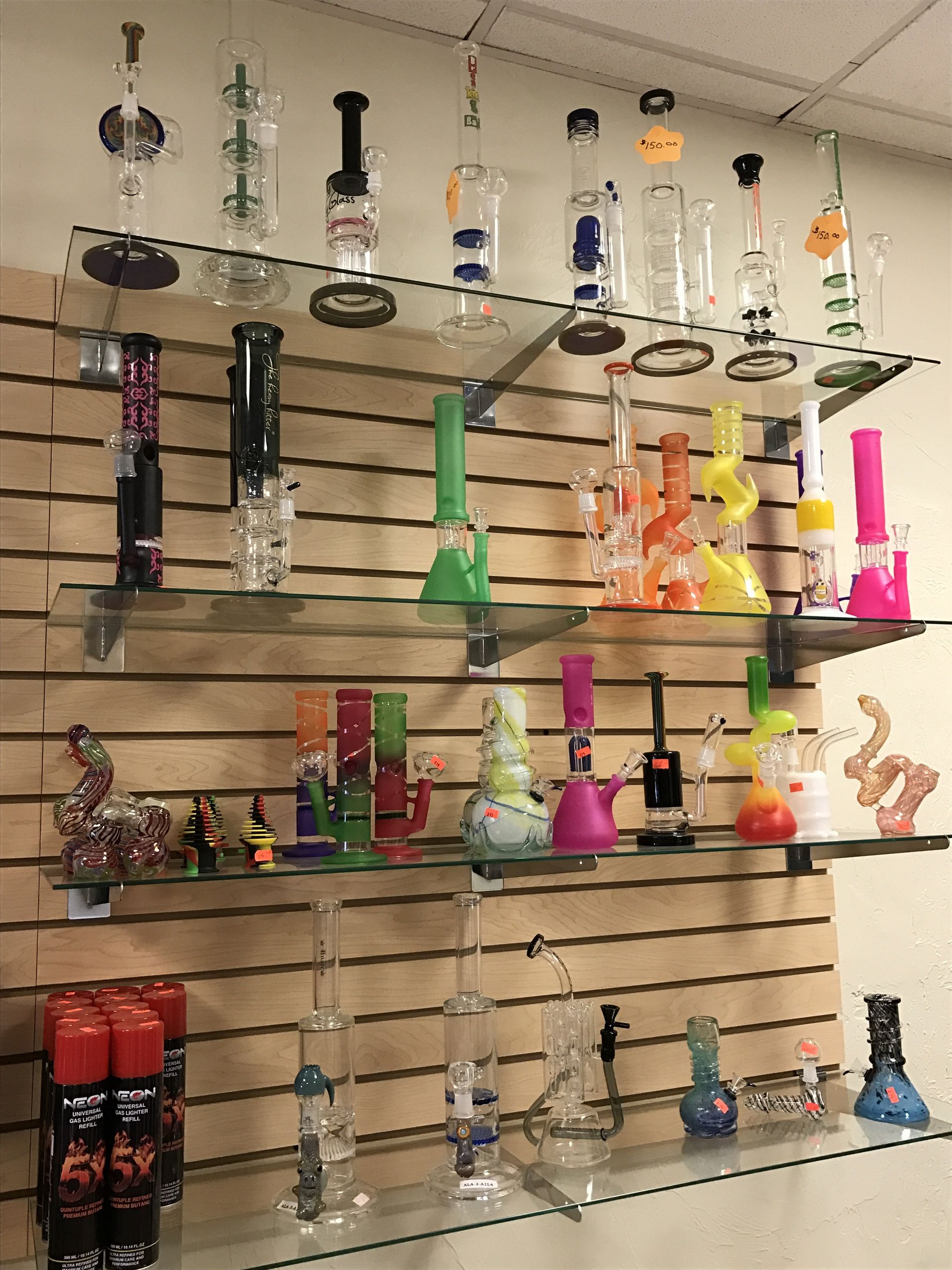 There are many different types of bongs on the shelves