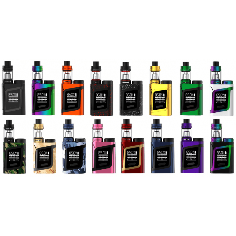 A variety of electronic cigarettes are lined up in a row on a white background