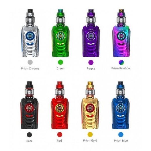 A variety of colored e-cigarettes are lined up on a white background.
