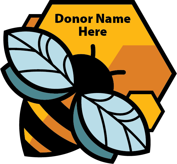 A bee is flying over a honeycomb with a label that says your logo.