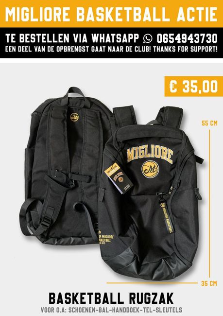 Zwarte basketbalrugzak met gouden logo, afgebeeld aan de voor- en achterkant, prijs €35,00.
