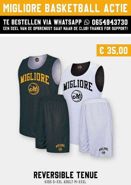 Migliore Basketball Actie flyer met omkeerbaar shirt en short in zwart, wit en groen, prijs €35,00.