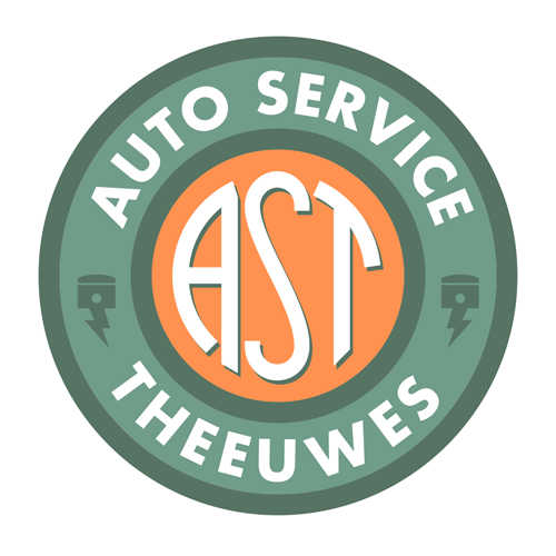 Rond groen en oranje Auto Service Theeuwes-logo met gestileerde initialen AST.