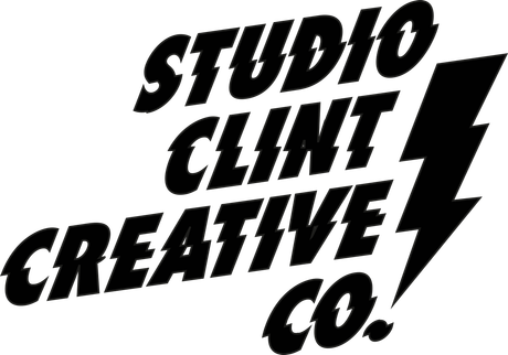 Het logo van Black Studio Clinic Creative Co. met gestapelde tekst en een bliksemschichtmotief.