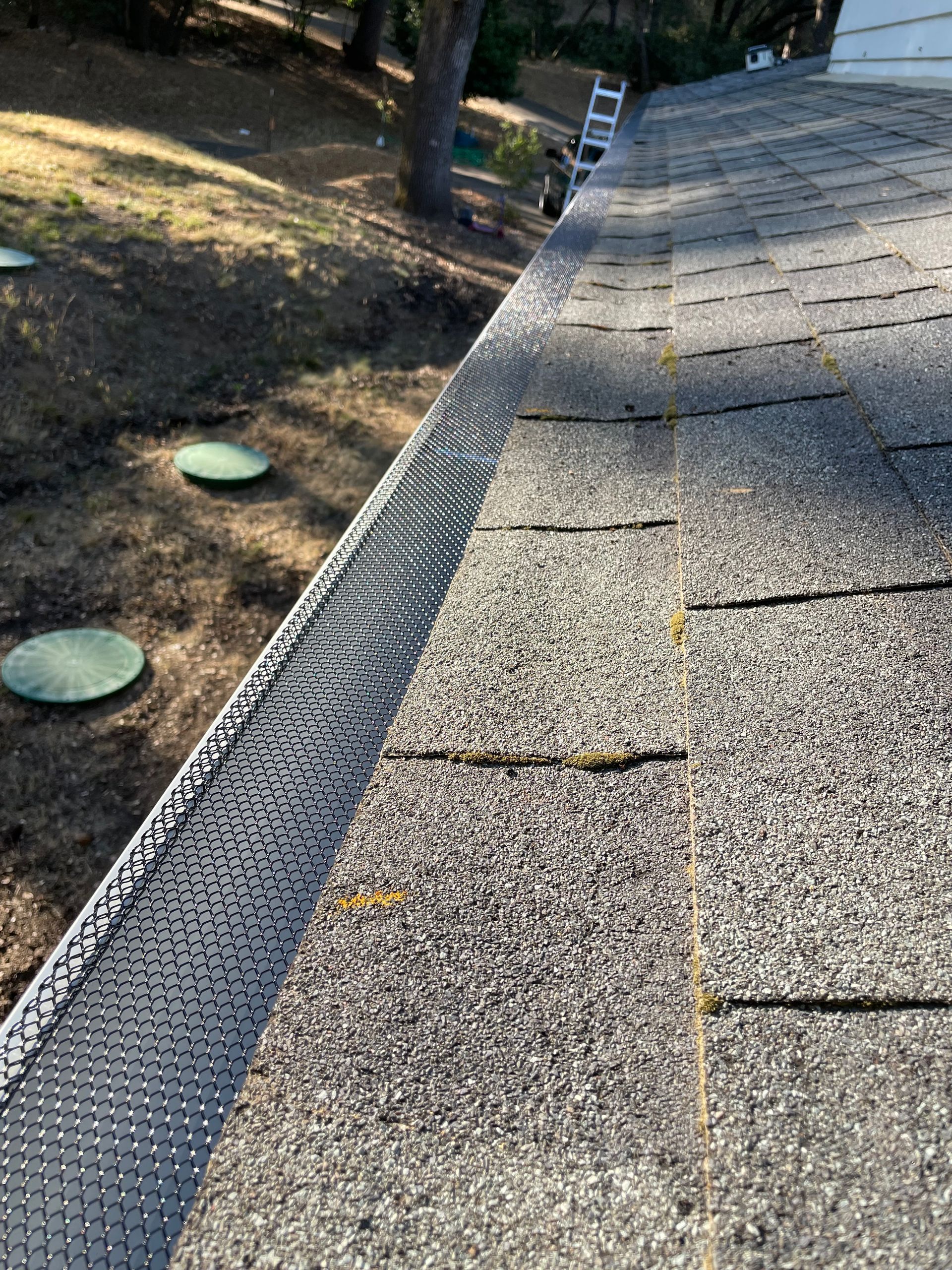 A roof with a gutter on it and a ladder in the background.