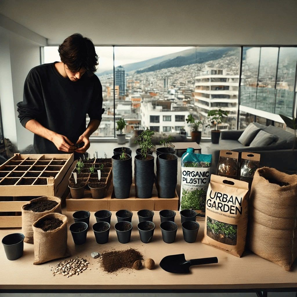 A man is standing in front of a table full of potted plants and bags of urban garden soil