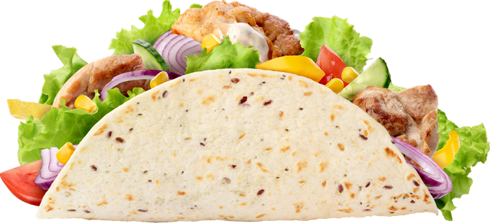 A taco with meat and vegetables on a white background.