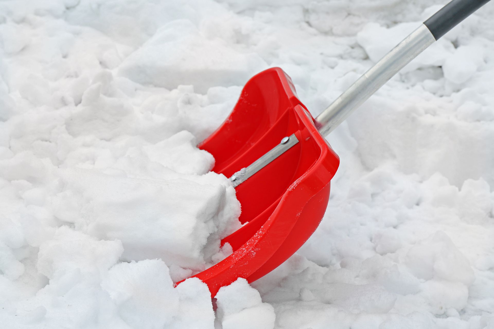 Red snow shovel scooping up fresh snow outdoors.
