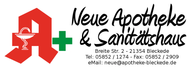 A red and green logo for neue apotheke & sanitatschhaus