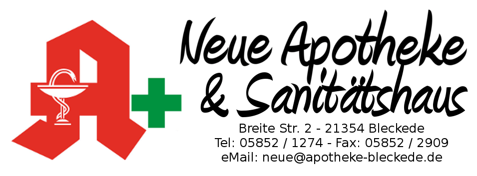 A red and green logo for neue apotheke & sanitatschhaus
