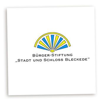 A blue and yellow logo for burger-stiftung stadt und schloss fleckede