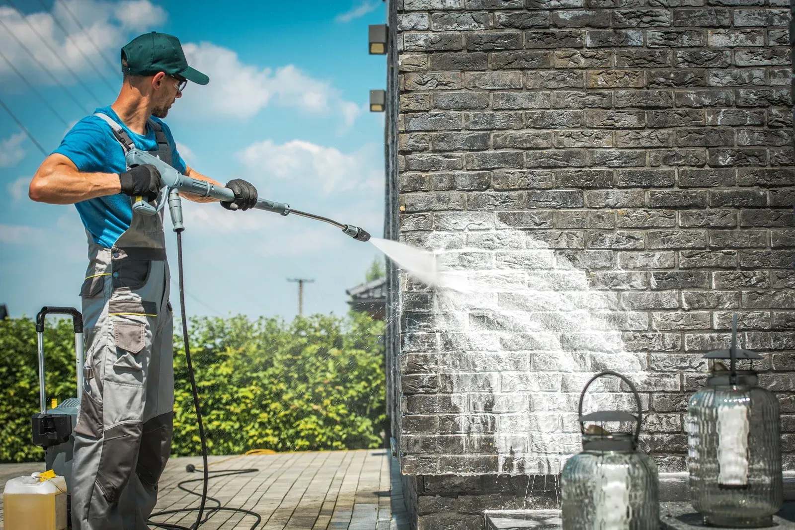 Worker pressure-washing a brick wall outdoors, spraying water across a patio beside metal buckets.