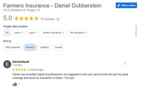 Google review page for Farmers Insurance - Daniel Dubberstein showing a 5.0 rating and one review.