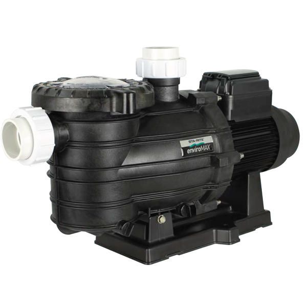 A black and white swimming pool pump on a white background.