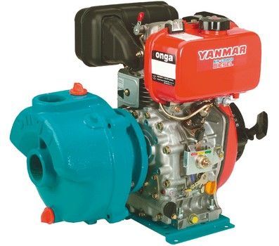 A yanmar engine with a blue pump attached to it