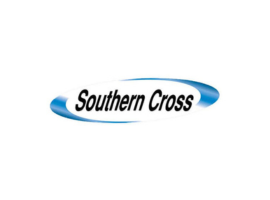 A blue and white logo for southern cross on a white background