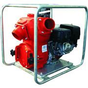 A red water pump is sitting on top of a metal frame.