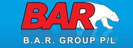 A blue background with red and white letters that say bar