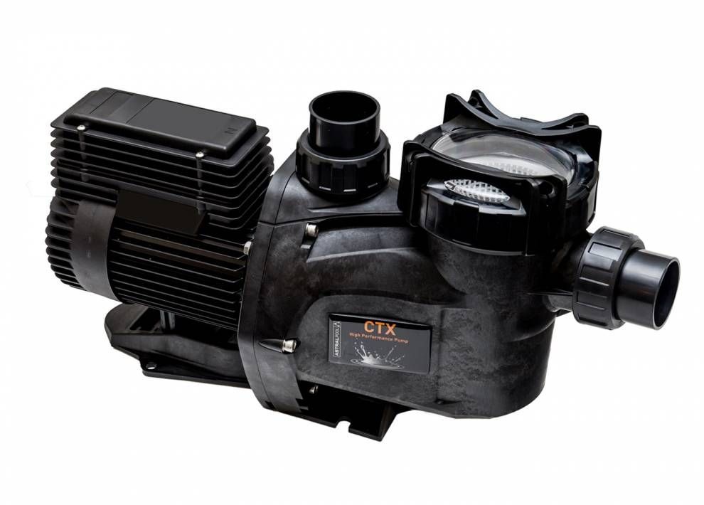 A black swimming pool pump on a white background