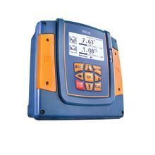 A blue and orange device with a display on a white background.